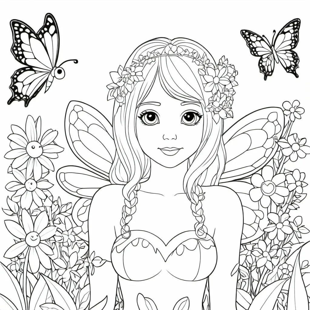 Prompt: B&W coloring book page, fairy flower garden, line art, solid white background