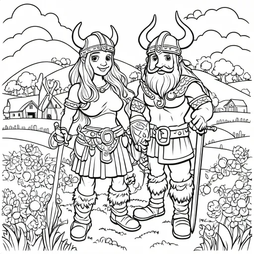 Prompt: B&W coloring book page, viking farm, line art, solid white background