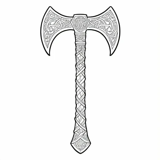 Prompt: B&W coloring book page, norse pagan axe, line art, solid white background
