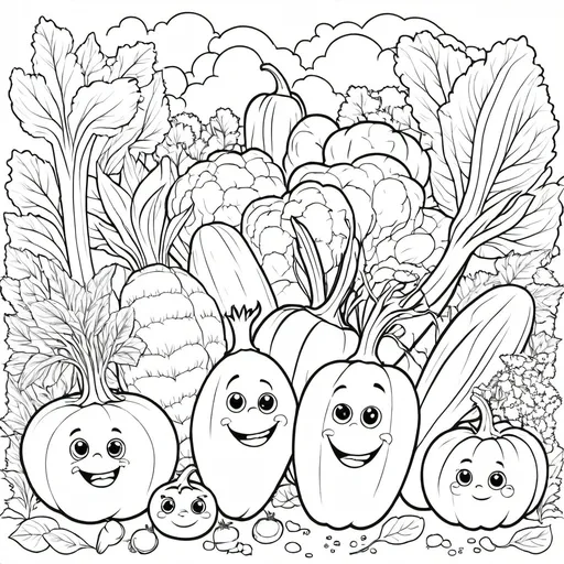 Prompt: B&W coloring book page, variety of vegetables growing in garden, line art, solid white background