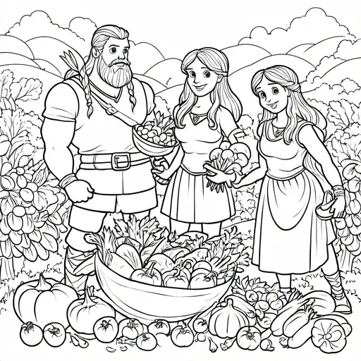 Prompt: B&W coloring book page,viking family picking fresh vegetables, line art, solid white background