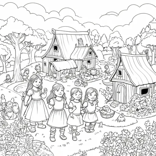 Prompt: Viking homestead with 4 children playing in the garden 3 girls and 1 boy