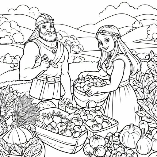 Prompt: B&W coloring book page,viking family picking fresh vegetables, line art, solid white background