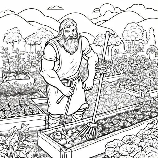 Prompt: a viking farmer gripping a hoe working hard growing vegetables in a raised bed garden with his children playing in the background