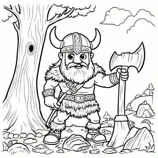 Prompt: B&W coloring book page, viking using an ax to cut down a tree, line art, solid white background