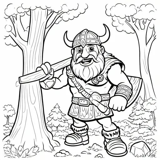 Prompt: B&W coloring book page, viking using an ax to cut down a tree, line art, solid white background