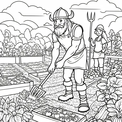 Prompt: a viking farmer gripping a hoe working hard growing vegetables in a raised bed garden with his children playing in the background