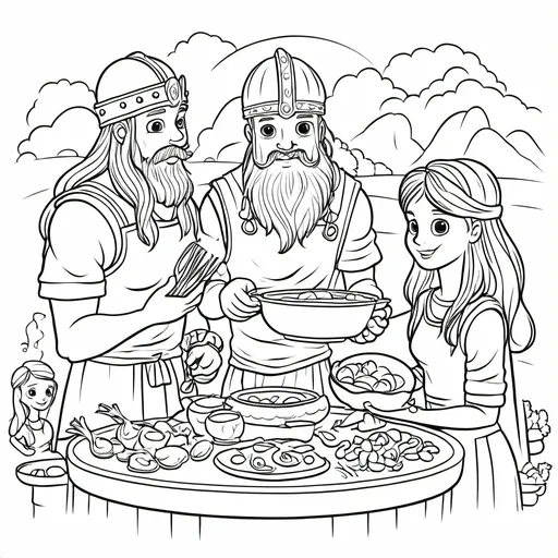 Prompt: B&W coloring book page, viking family cooking dinner together, line art, solid white background