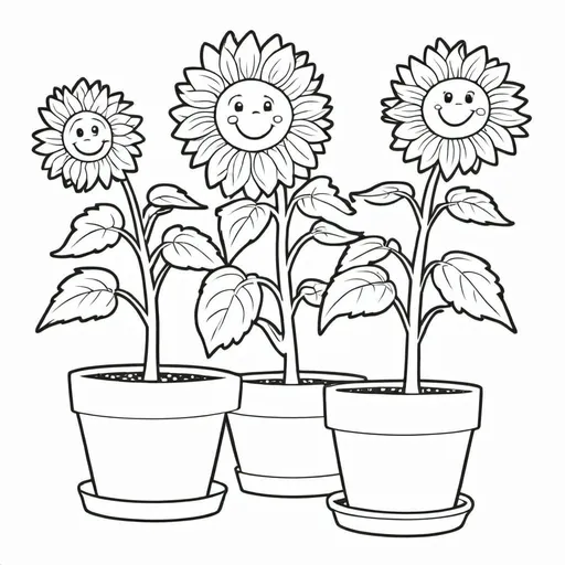 Prompt: B&W coloring book page, sunflowers growing in pots, line art, solid white background