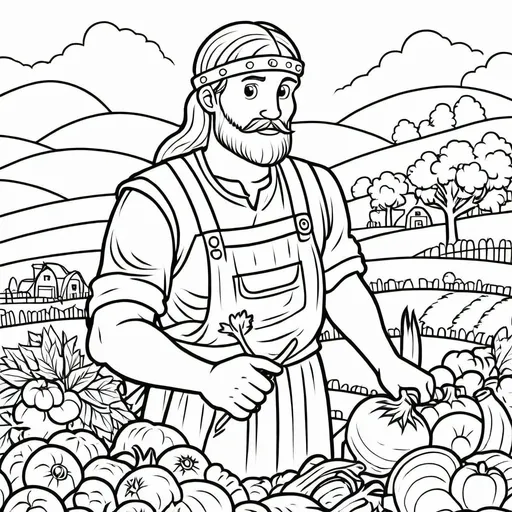 Prompt: B&W coloring book page,viking farmer working on farm growing vegetables, line art, solid white background