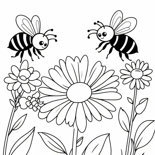 Prompt: B&W coloring book page, bee pollinating flowers, line art, solid white background
