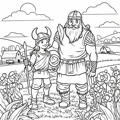 Prompt: B&W coloring book page,viking father and son working on the farm, line art, solid white background