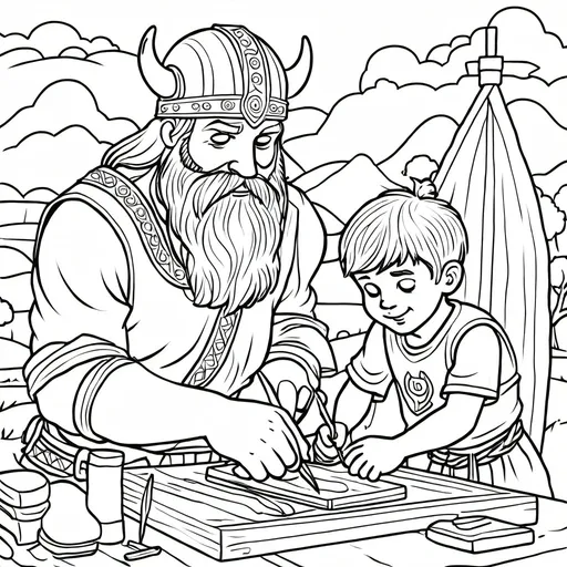 Prompt: Viking father and son making crafts from wood together