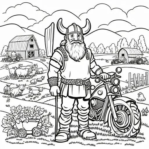 Prompt: a viking farmer that works hard on the farm growing plants and making wooden crafts to sell and support his family. He also enjoys building things for his family and kids.  He also loves his motorcycle and works hard to accomplish his goals. He has a wife, 9 year old daughter, 7 year old son, 5 year old daughter and a 4 year old daughter 