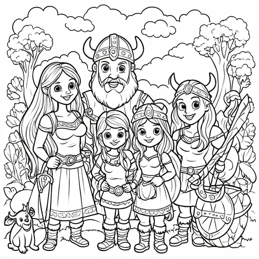 Prompt: B&W coloring book page, happy viking family making crafts, line art, solid white background