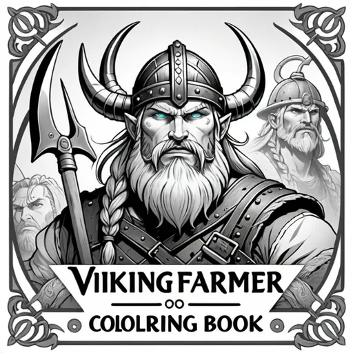 Prompt: Coloring book Anime illustration, viking farmer coloring book cover page, dramatic lighting add vibrant solid colors