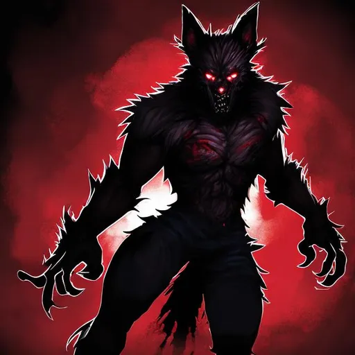 Prompt: shadow werewolf red and black killer