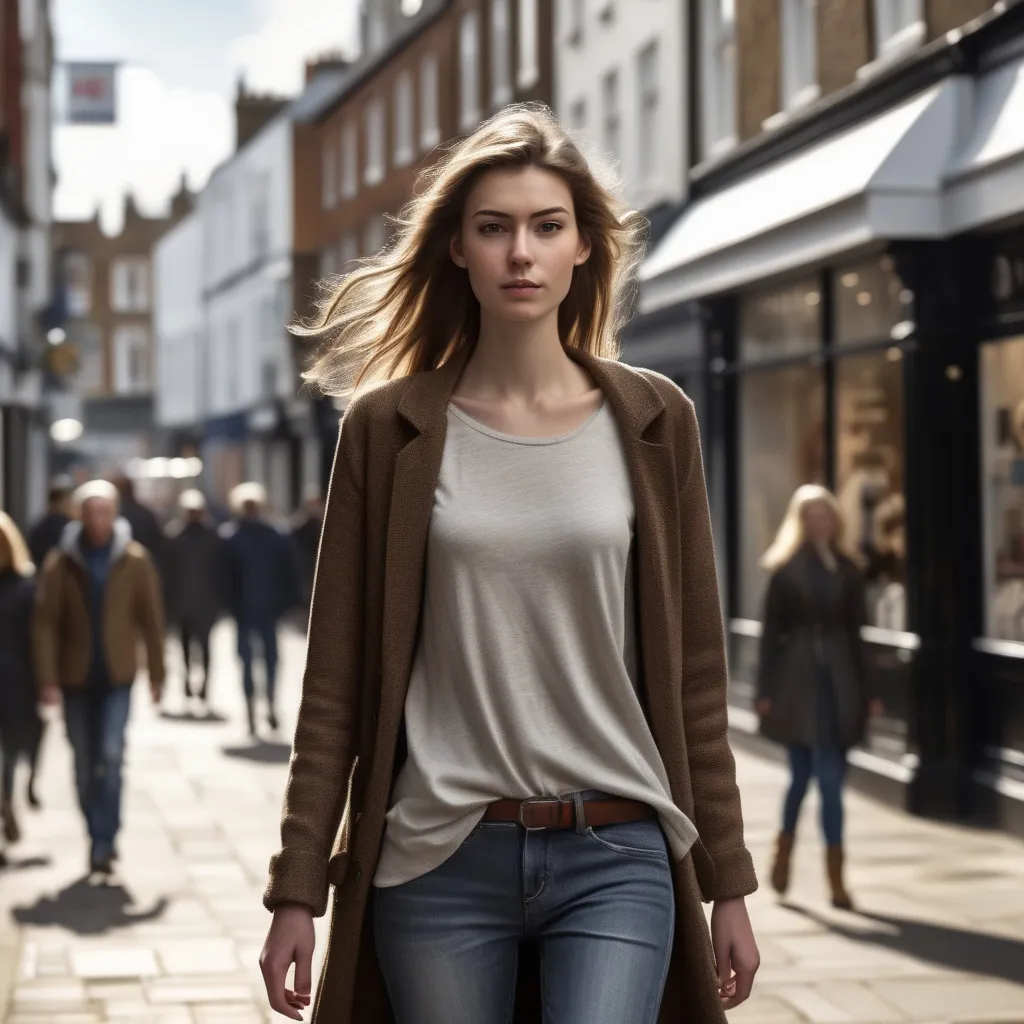 Prompt: Tall young woman walking down the high street, detailed clothing, realistic, natural lighting
