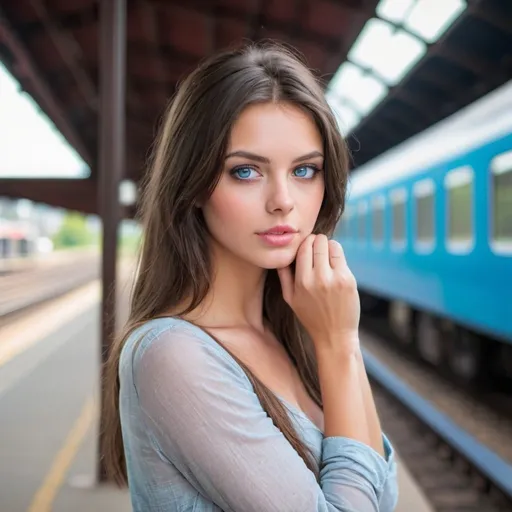 Prompt: Beautiful brunette model at a train station, romantic setting, she has bright blue eyes