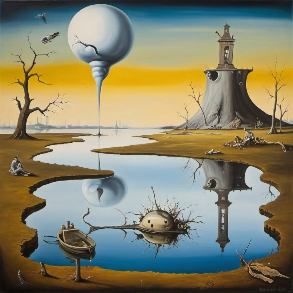 Prompt: Create a satirical and surreal painting (inspired by salvador dali) showing a polluted lake. More specifically Engs�en in Grindsted, Denmark.