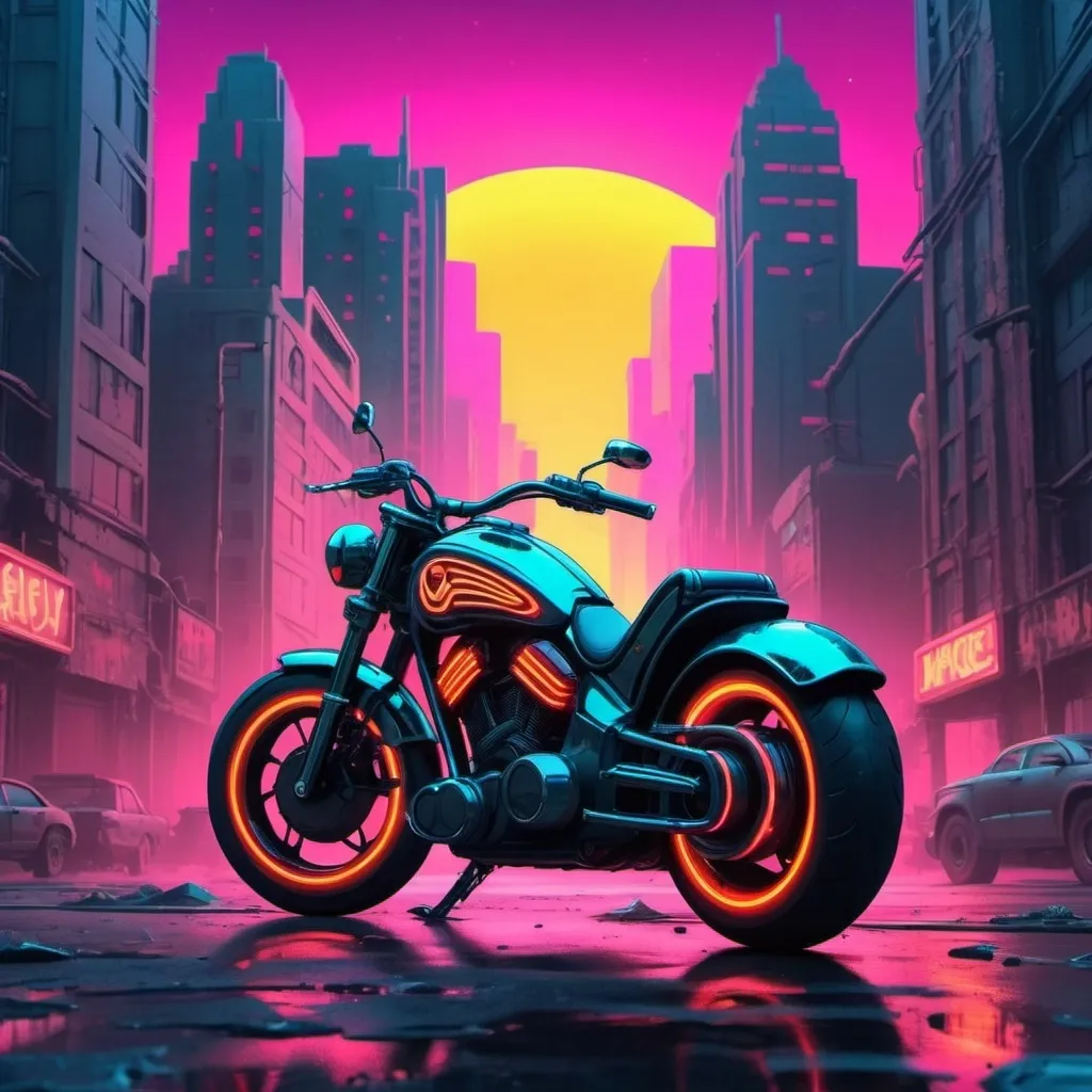 Prompt: nuclear hot fusion electric powered motorcycle, art deco, modern comic, neon lit post apocalyptic city background