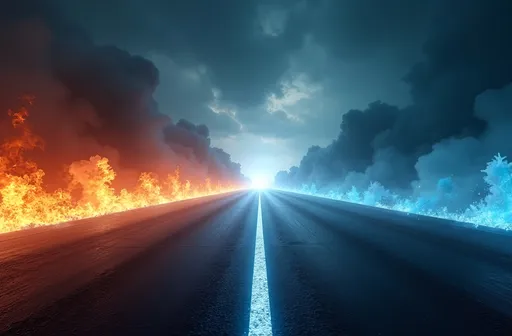 Prompt: A cinematic, high-energy scene of a futuristic running track stretching into the distance, symmetrically divided into two contrasting elements. The left side is engulfed in raging flames with glowing embers and thick smoke, while the right side is surrounded by icy mist and a frosty aura, emanating a cold, blue glow. The center of the track glows with a mysterious light, leading towards an unknown destination. Above, dark storm clouds swirl, enhancing the dramatic intensity. Ultra-realistic, highly detailed, 16:9 aspect ratio, dynamic lighting, and atmospheric depth.