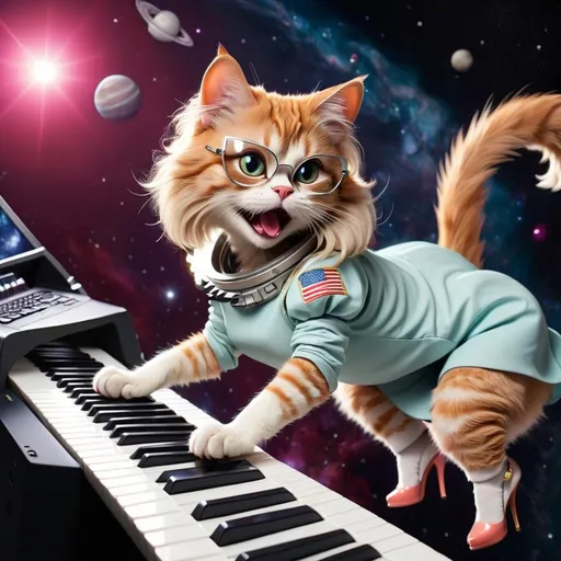 Prompt: cat with high heels in space playing keyboard
