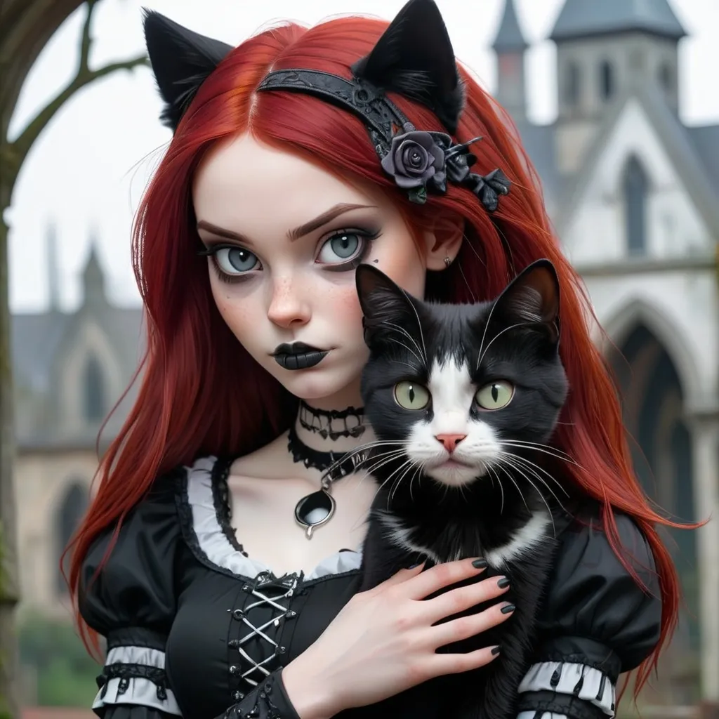 Prompt: redhair gothic  girl with black, white and grey cat