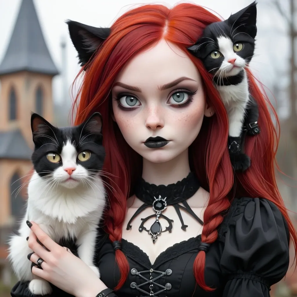 Prompt: redhair gothic  girl with black, white and grey cat