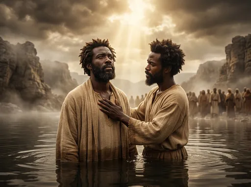 Prompt: Everyone in this pictures is black dark skin african men. 
This is a digitally created, hyper-realistic photograph depicting two dark skin black african male figures standing waist-deep in a body of water, set against a dramatic, cloudy sky with a golden light breaking through. The figure on the left has corse, dark brown hair and a full beard, and is gazing upward with a somber expression. He is wearing a loose, beige robe that drapes over his shoulders and chest. The figure on the right, with a slightly shorter beard, has his head slightly tilted towards the left figure, and is gently placing his right hand on the left figure's chest. He is also wearing a similar beige robe, corse afro unkept. The water around them is dark and reflective, with gentle ripples. In the background, rocky cliffs rise on both sides, and a crowd of indistinct figures can be seen in the distance, partially obscured by the mist. The overall color palette is warm and earthy, with shades of beige, brown, and gold dominating the scene. The light creates a dramatic, almost divine atmosphere, emphasizing the emotional connection between the two figures. The image conveys a sense of spiritual or historical significance.