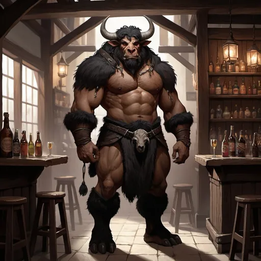 Prompt: Minotaur tavern owner. Full height. Black fur. Dnd. Fantasy art