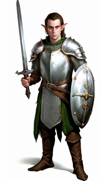 Prompt: White background. Full height hald-elf male, 30 years old, wearing chainmail, with round shield and longsword