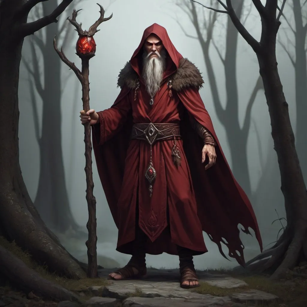 Prompt: Evil druid. Full height. Dark red clothes. Fantasy art