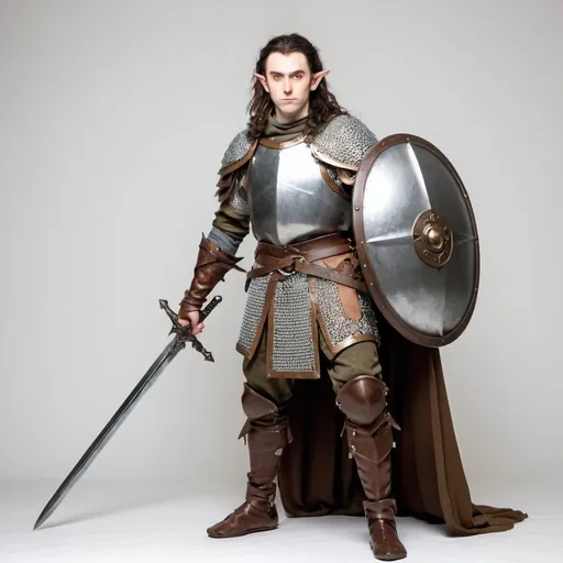 Prompt: White background. Full height half-elf, 30 years old wearing chainmail, with round shield and longsword