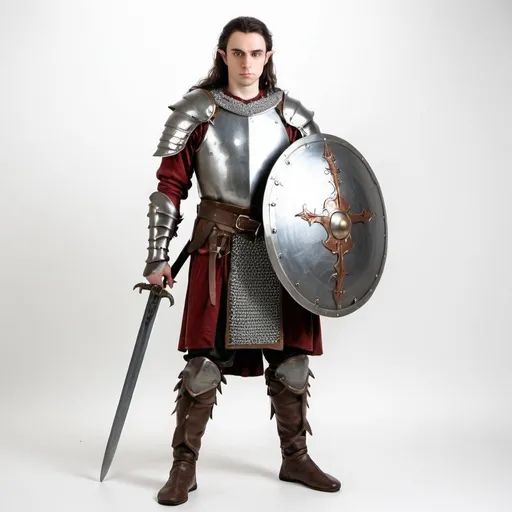 Prompt: White background. Full height half-elf, 30 years old wearing chainmail, with round shield and longsword