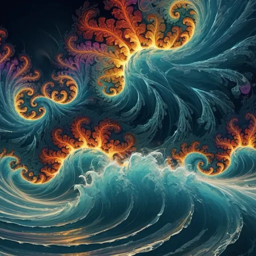 Prompt: A psychedelic experience, a fractal “storm”- angry fractals form clouds, wind and rain, Fractal geometry ocean, waves, currents, riptide, flowing.