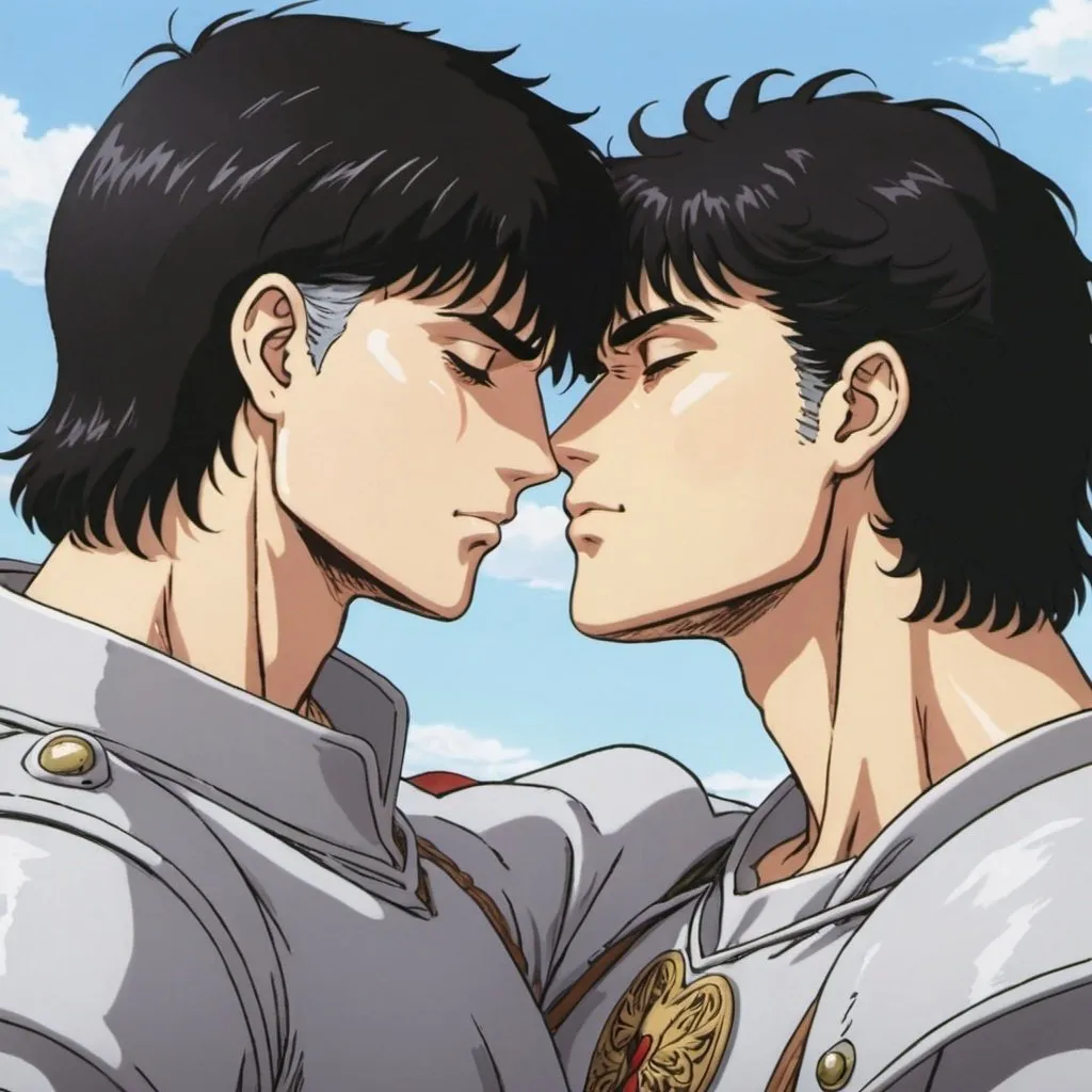 Prompt: gutts (with short black hair) and griffith (with long write hair and androginous), two man, of the anime Berserk sleeping together and kissing
