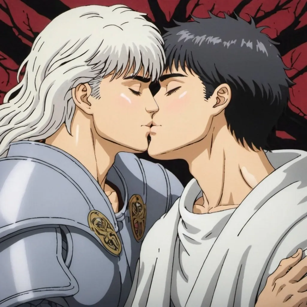 Prompt: gutts and griffith, two man, of the anime berserk sleeping together and kissing
