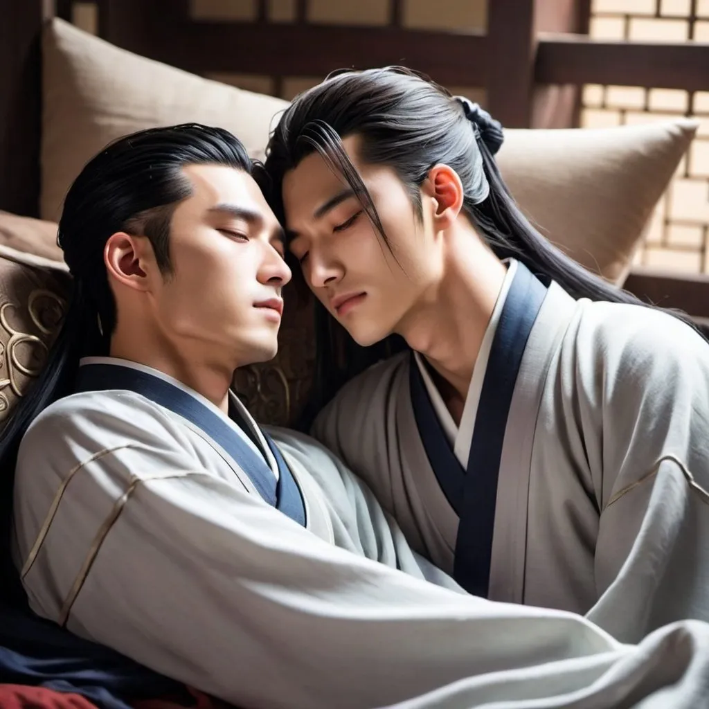 Prompt:  wei ying and lan zhan which are two young and gorgeous men from the anime and novel Mo dao Zu Shi sleeping together with the style from the 90's anime
