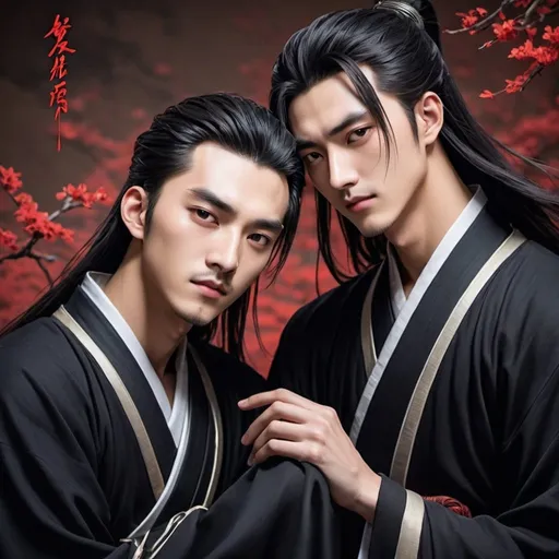 Prompt:  wei ying using black clothers and lan zhan using write clothers which are two young and gorgeous Chinese men from the anime Mo dao Zu Shi sleeping together with the style from the 90's anime
