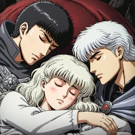 Prompt: gutts and griffith of the anime berserk sleeping together 