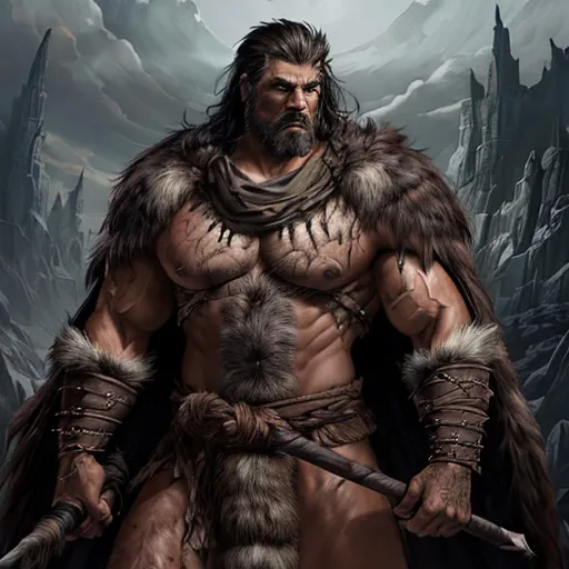 Prompt: Fantasy illustration of a towering muscular barbarian, tan skin, dark eyes, wearing a bear hide cloak, wielding a massive maul, rugged leathers, detailed fur with rugged reflection, intense and fierce gaze, atmospheric lighting, highres, ultra-detailed, fantasy, muscular, bear hide cloak, intense gaze, leather armor, massive maul, detailed eyes, rugged, atmospheric lighting, bears hear on top of his head.