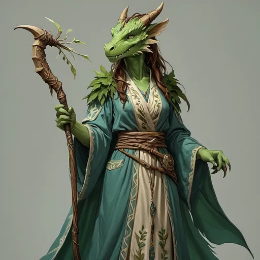 Prompt: Dragonborn Druid female with green skin, brown hair with blue streaks, a long nature motif embroidered robe, and a sickle