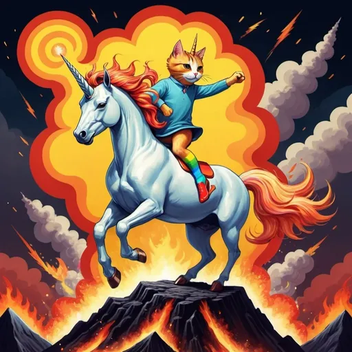 Prompt: An amazing unicorn with fire hair, a cat and a dog on his back with colorful socks, jumping over a volcano in fire with thunder in the air in a art deco style.
