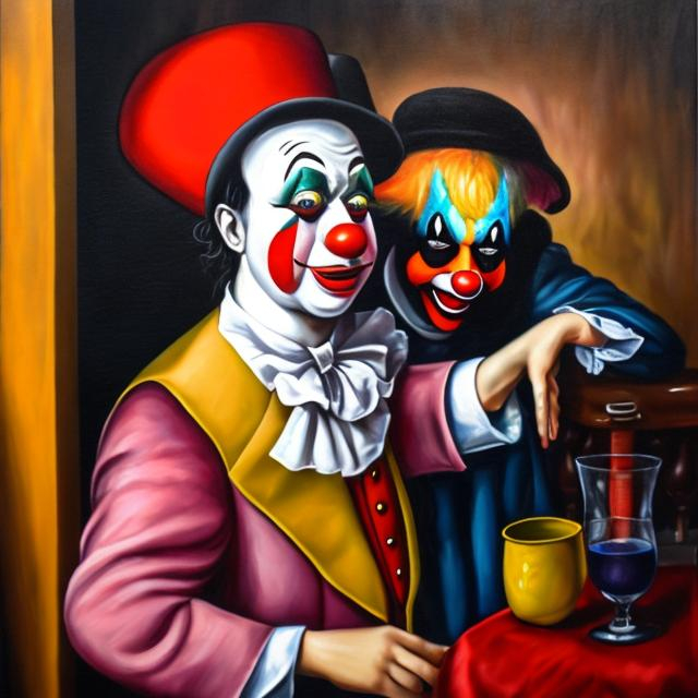 Prompt: Oil painting of clown on first date
