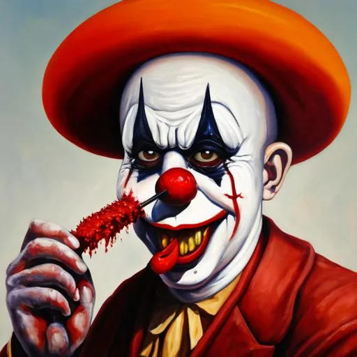 Prompt: Oil painting of clown eating red stuff