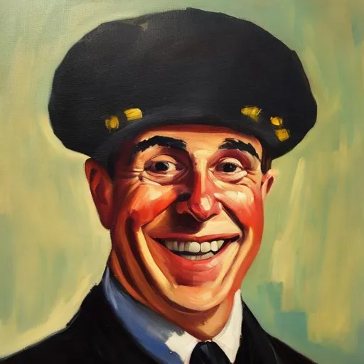 Prompt: Oil painting of a Man that smiles as he knows he has done the wrong thing