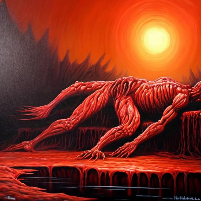 Prompt: Oil painting The creature made of human flesh in a very red place in the back of a live leak