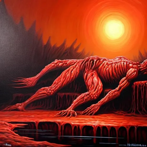 Prompt: Oil painting The creature made of human flesh in a very red place in the back of a live leak