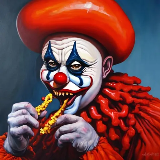 Prompt: Oil painting of clown eating red stuff